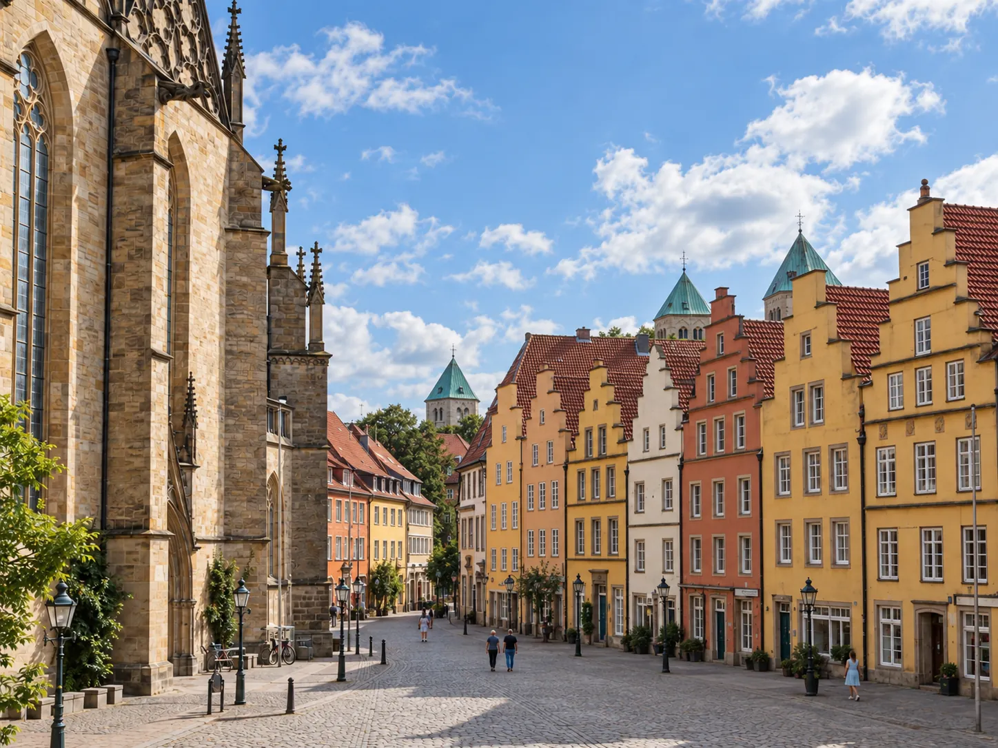 Marienkirche und farbige Giebelhäuser am Marktplatz in Osnabrück
