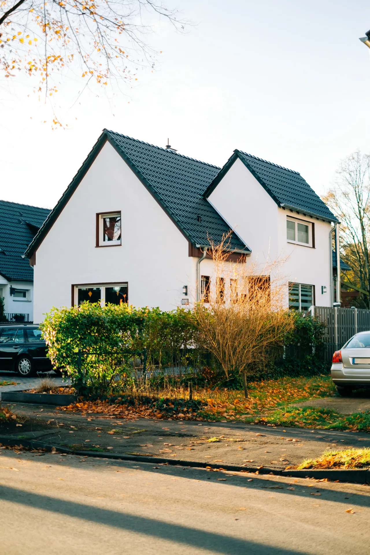 Ruhige Wohnstraße mit freistehenden Einfamilienhäusern und Hecken, wie in der hinteren Wüste in Osnabrück
